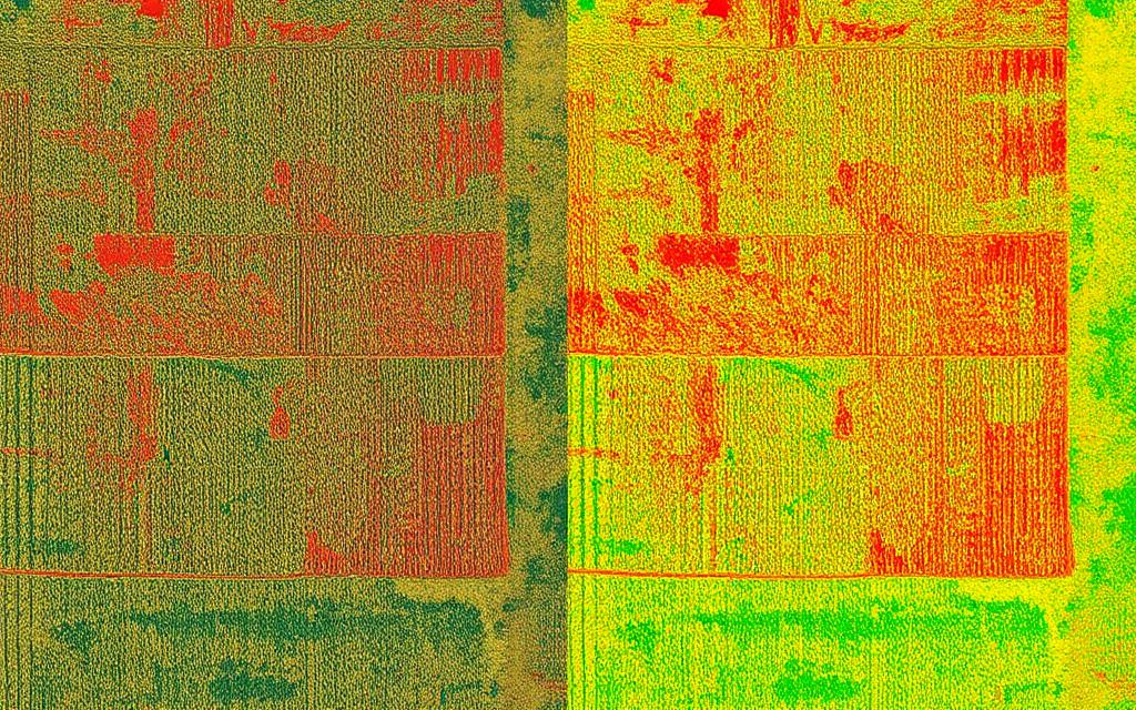 Ortomosaico y mapa NDVI comparados de un lote de soja