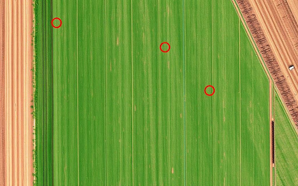 Mapa NDVI de trigo con focos de enfermedad marcados en rojo