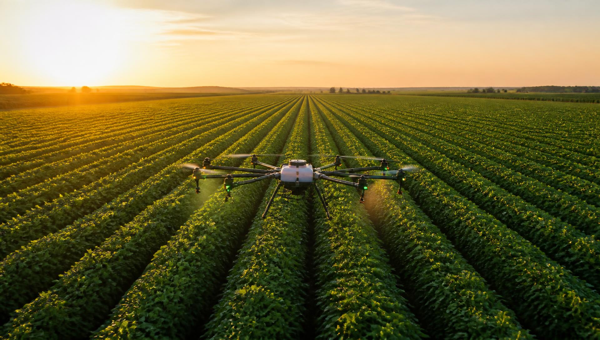 Dron multiespectral sobrevolando un campo de soja al atardecer
